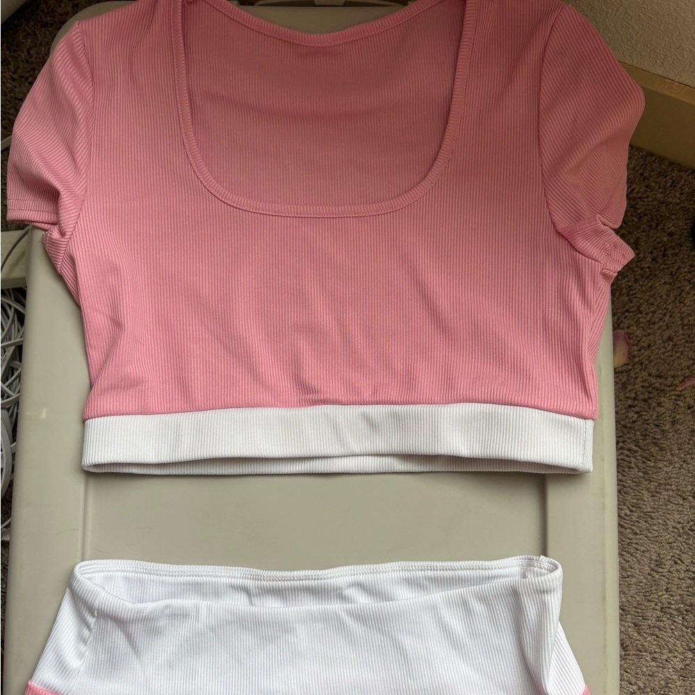 Pink and White Ribbed Crop Top and Short Set